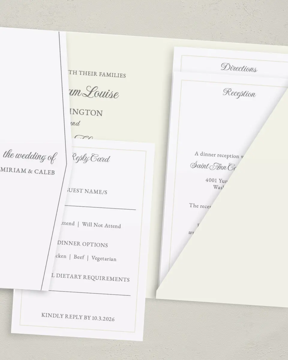 This is a 5" x 7⅞" Pocket Wedding Invitation called Classic Devotion printed in full color on Premium Smooth paper