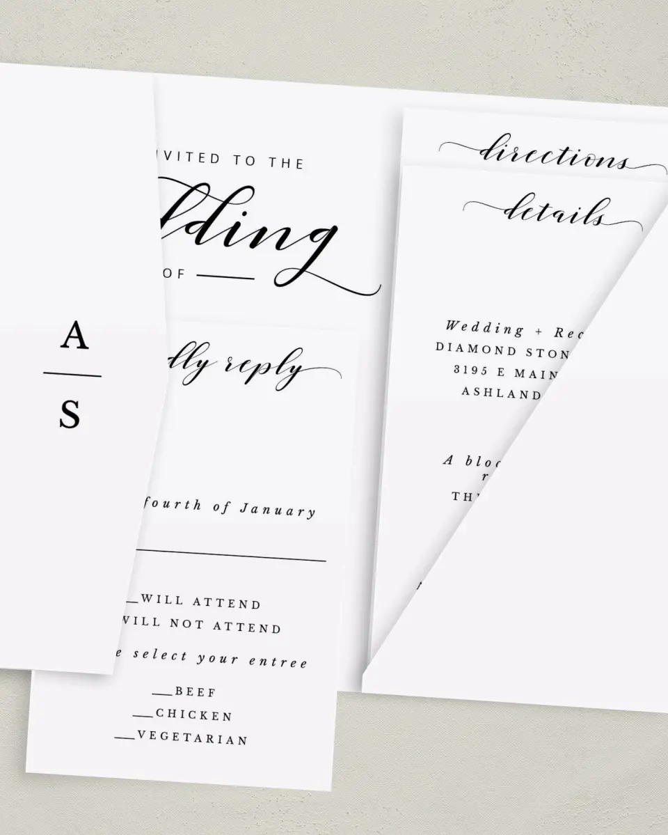 This is a 5" x 7⅞" Pocket Wedding Invitation called Timeless Eloquence printed in full color on Premium Smooth paper