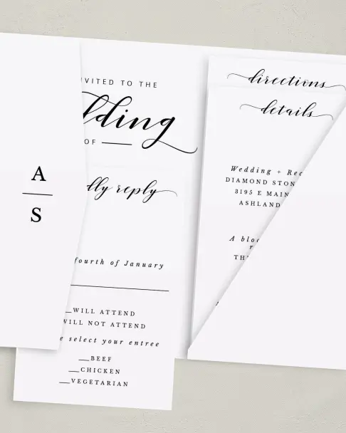 This is a 5" x 7⅞" Pocket Wedding Invitation called Timeless Eloquence printed in full color on Premium Smooth paper