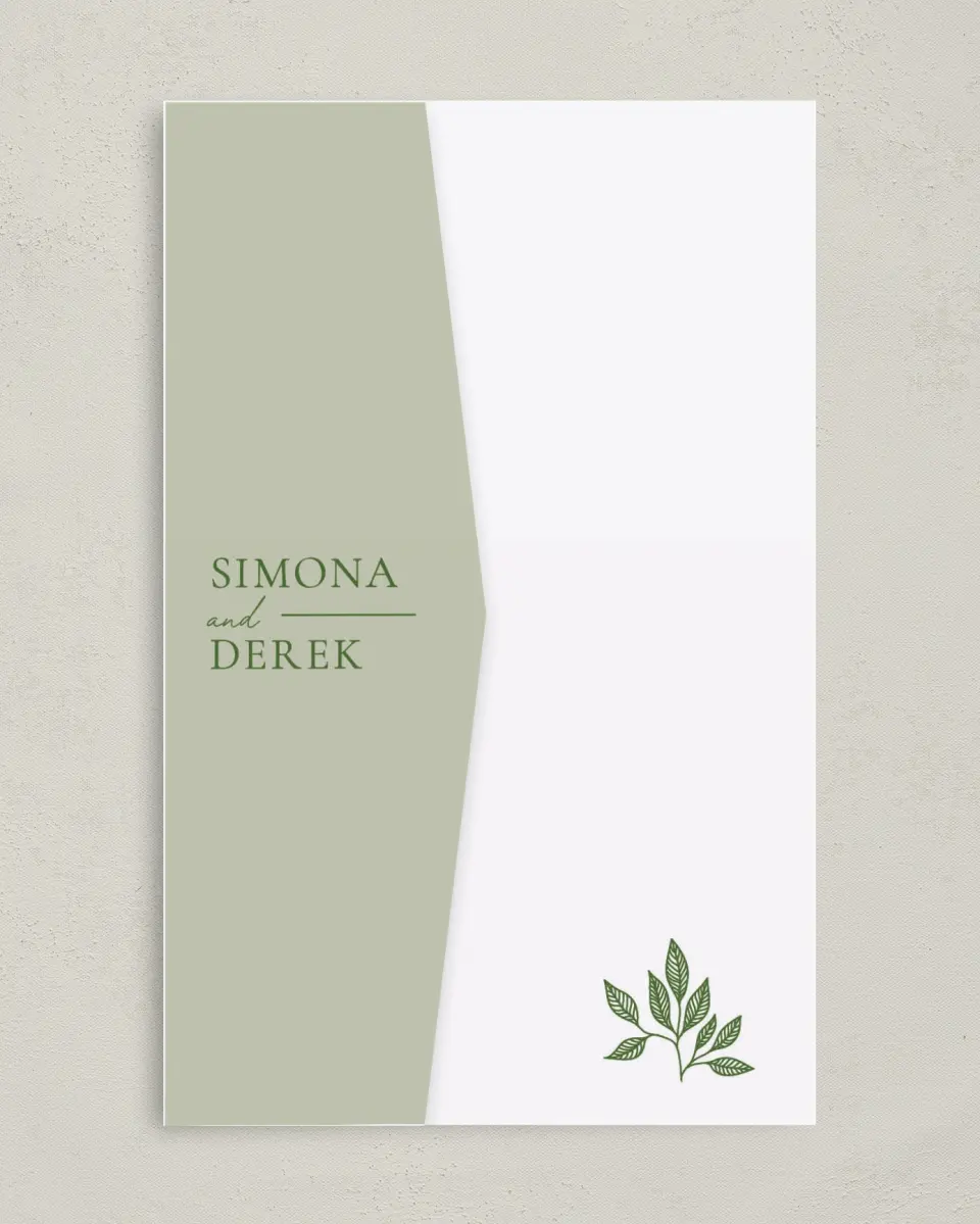 This is a 5" x 7⅞" Pocket Wedding Invitation called Rustic Grace printed in full color on Premium Smooth paper