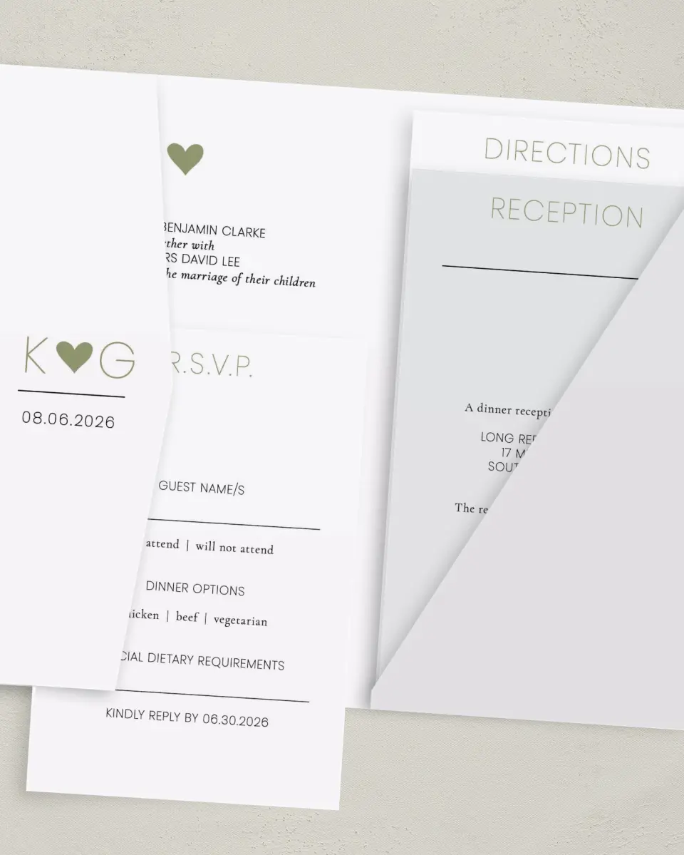 This is a 5" x 7⅞" Pocket Wedding Invitation called Heavenly Hearts printed in full color on Premium Smooth paper