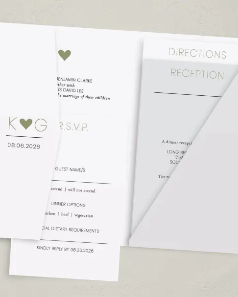 This is a 5" x 7⅞" Pocket Wedding Invitation called Heavenly Hearts printed in full color on Premium Smooth paper