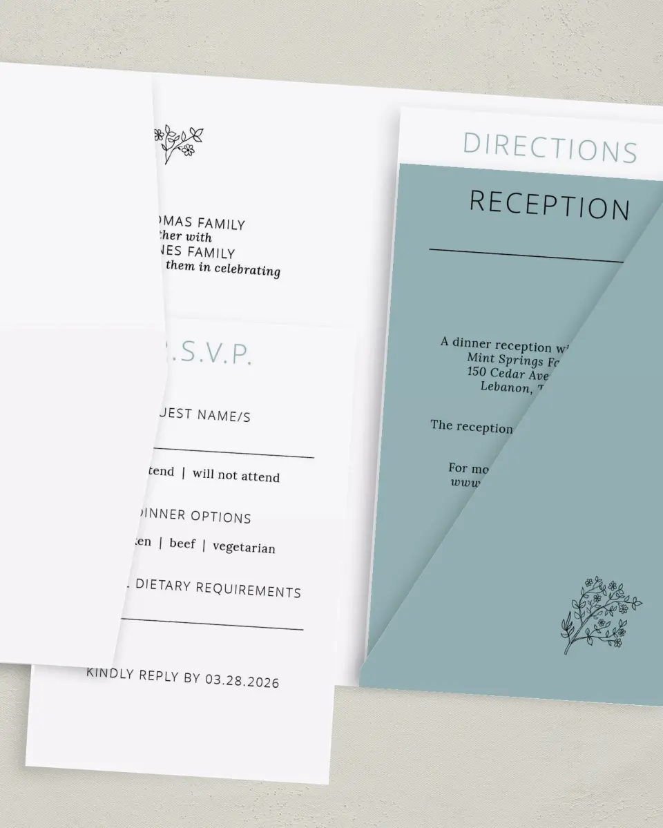 This is a 5" x 7⅞" Pocket Wedding Invitation called Cool Blooms printed in full color on Premium Smooth paper