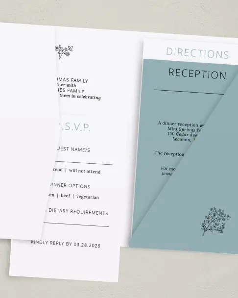 This is a 5" x 7⅞" Pocket Wedding Invitation called Cool Blooms printed in full color on Premium Smooth paper