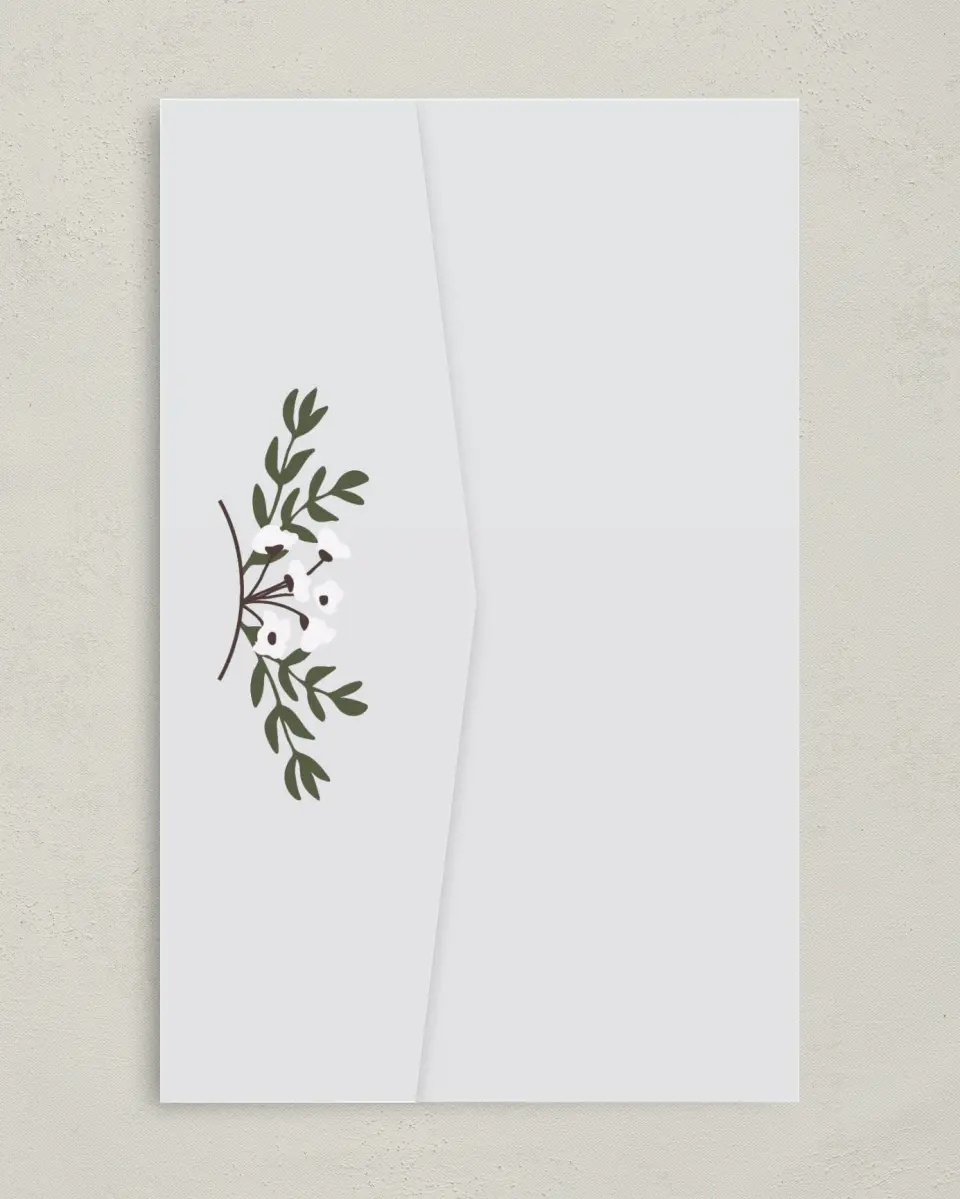 This is a 5" x 7⅞" Pocket Wedding Invitation called Floral Bliss printed in full color on Premium Smooth paper