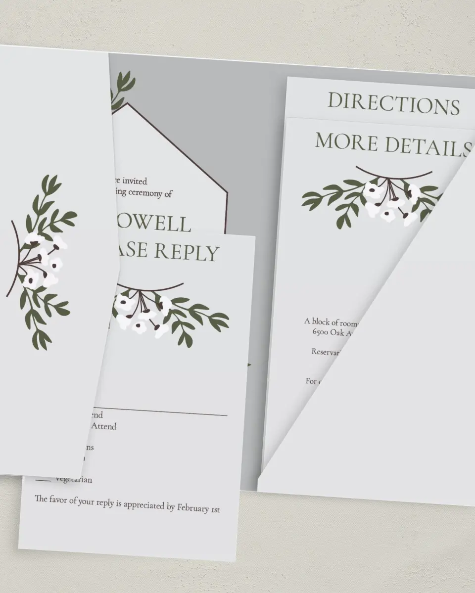 This is a 5" x 7⅞" Pocket Wedding Invitation called Floral Bliss printed in full color with Gold foil on Luxe Satin (coated) paper