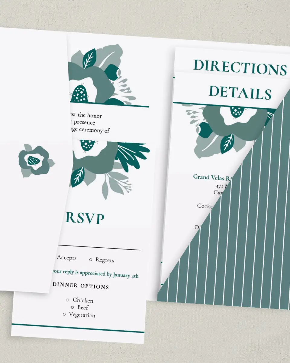 This is a 5" x 7⅞" Pocket Wedding Invitation called Blooming Delight printed in full color with Gold foil on Luxe Satin (coated) paper