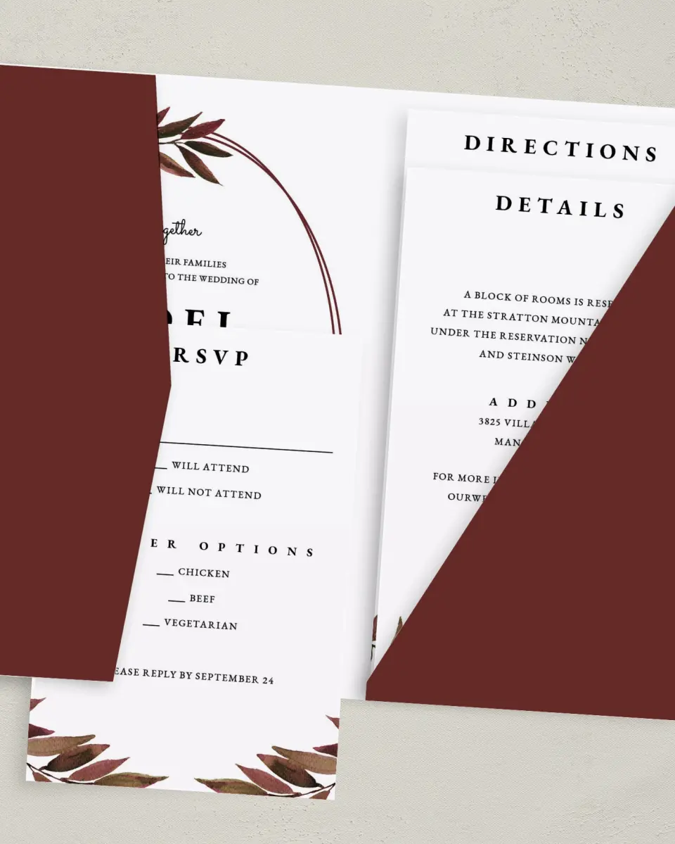 This is a 5" x 7⅞" Pocket Wedding Invitation called Lavish Leaves printed in full color on Premium Smooth paper