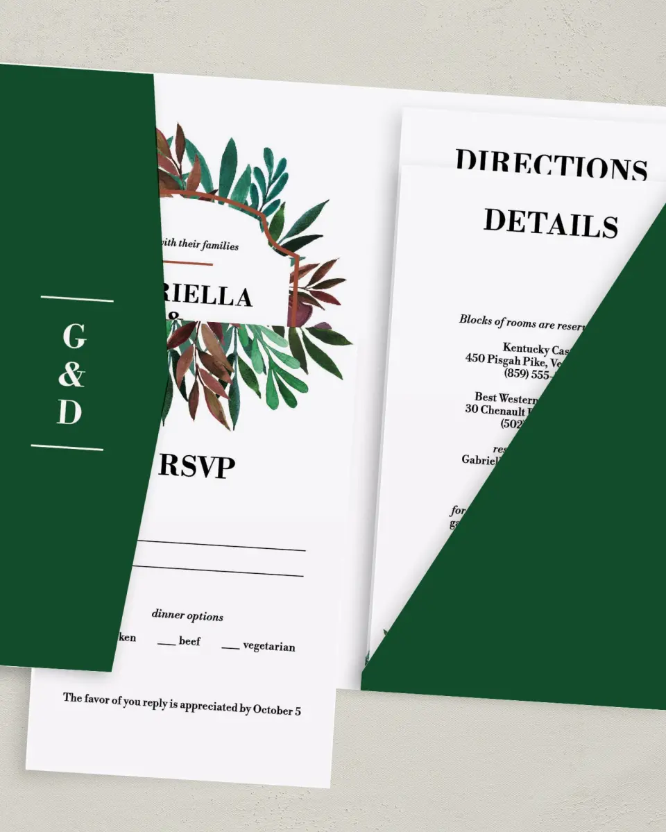 This is a 5" x 7⅞" Pocket Wedding Invitation called Graceful Frame printed in full color with Gold foil on Luxe Satin (coated) paper
