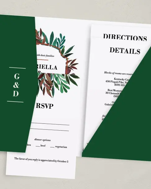 This is a 5" x 7⅞" Pocket Wedding Invitation called Graceful Frame printed in full color on Premium Smooth paper