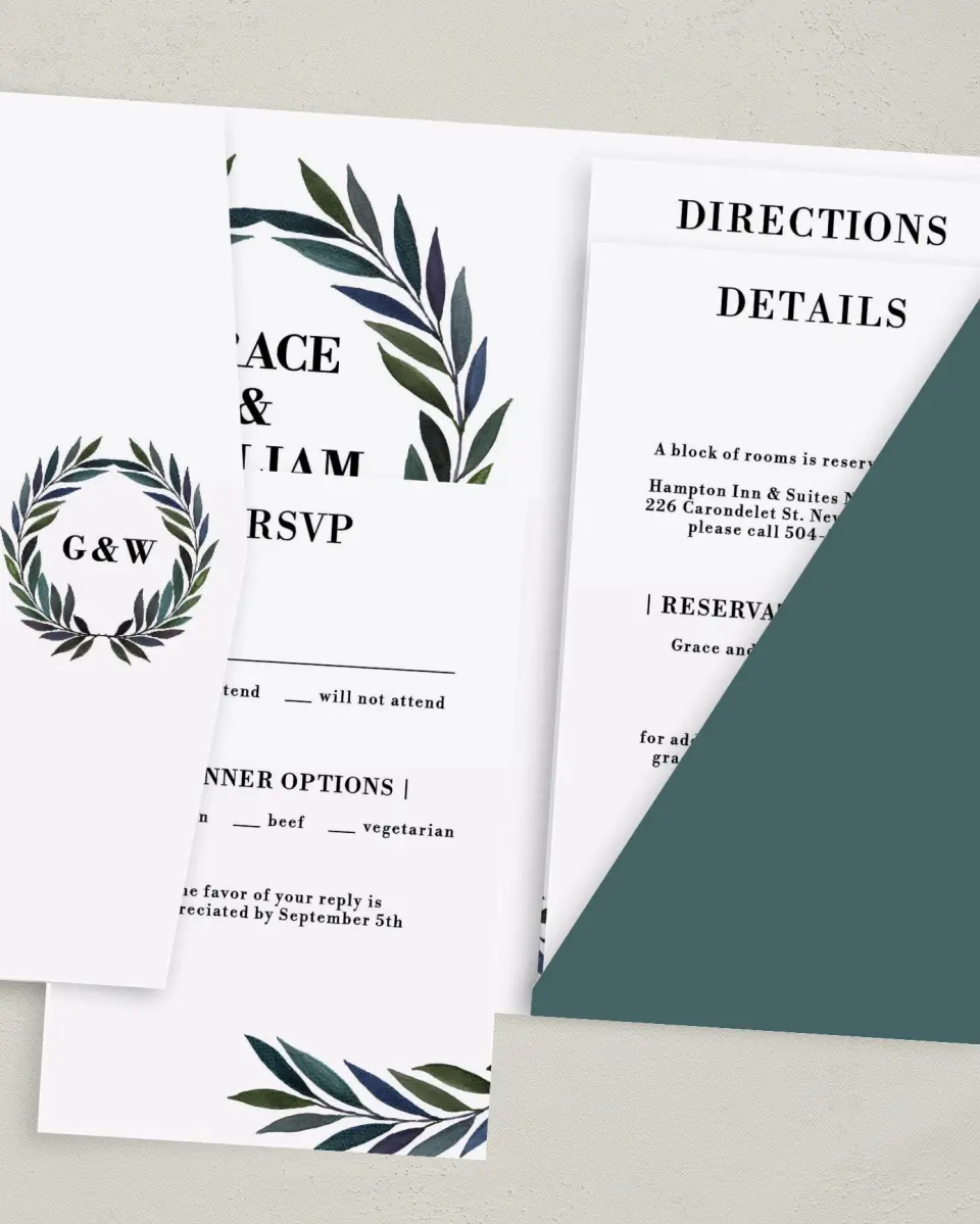 This is a 5" x 7⅞" Pocket Wedding Invitation called Laurel Crown printed in full color on Premium Smooth paper