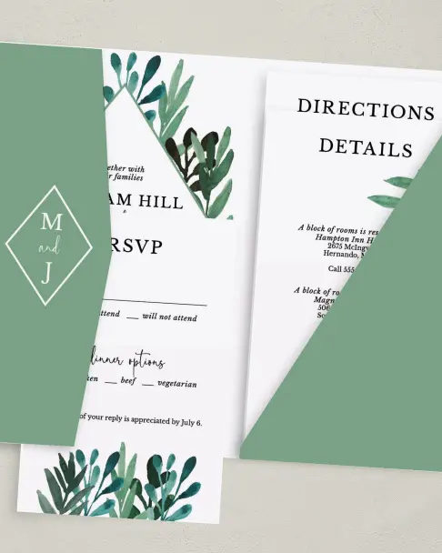 This is a 5" x 7⅞" Pocket Wedding Invitation called Breathtaking Boughs printed in full color on Premium Smooth paper