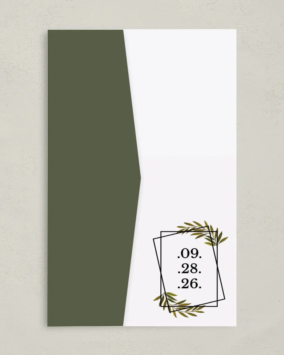 This is a 5" x 7⅞" Pocket Wedding Invitation called Gilded Sage printed in full color on Premium Smooth paper