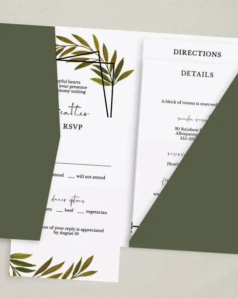 This is a 5" x 7⅞" Pocket Wedding Invitation called Gilded Sage printed in full color on Premium Smooth paper