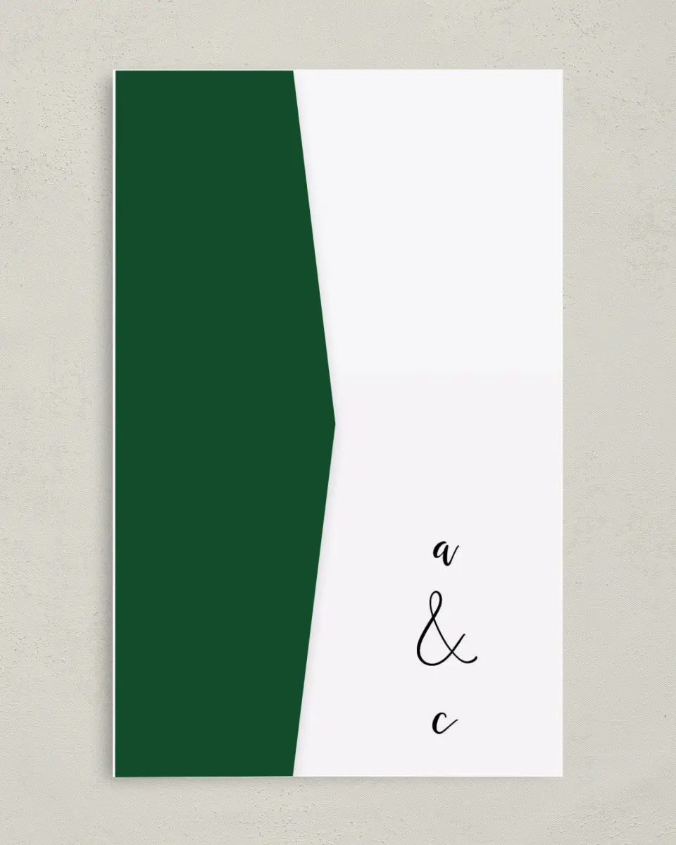 This is a 5" x 7⅞" Pocket Wedding Invitation called Painted Greens printed in full color on Premium Smooth paper