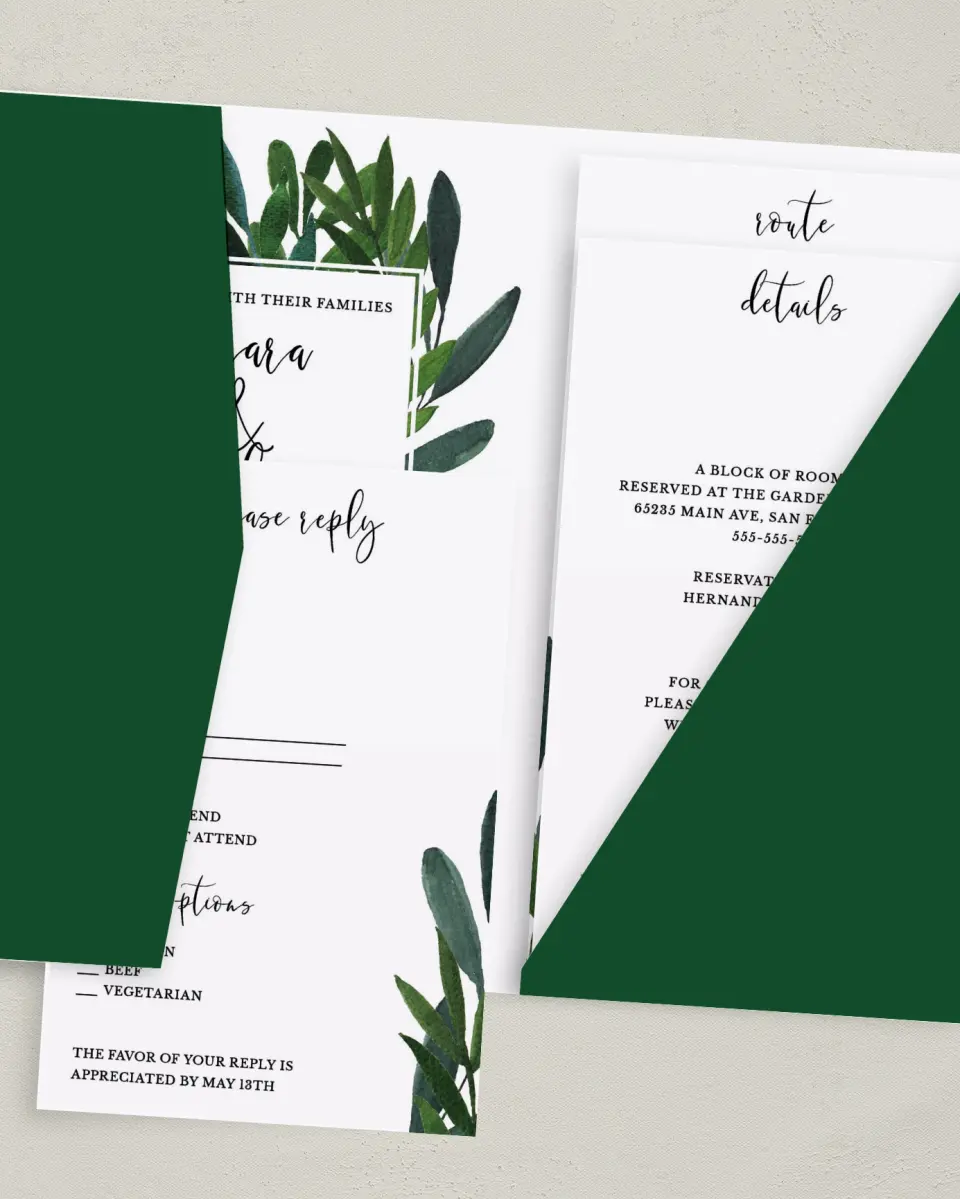 This is a 5" x 7⅞" Pocket Wedding Invitation called Painted Greens printed in full color with Gold foil on Luxe Satin (coated) paper