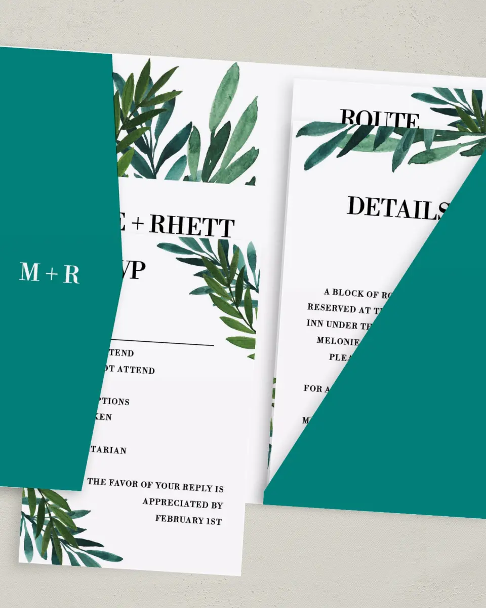 This is a 5" x 7⅞" Pocket Wedding Invitation called Sweet Eternity printed in full color with Gold foil on Luxe Satin (coated) paper
