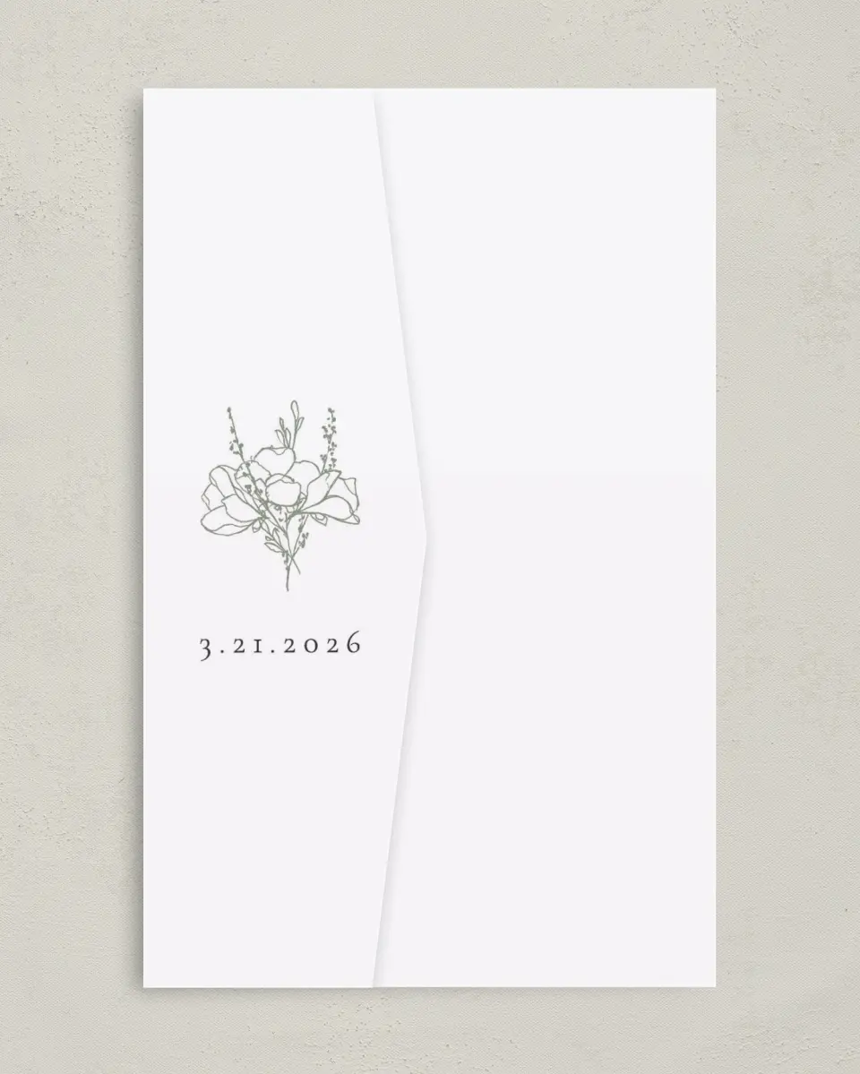 This is a 5" x 7⅞" Pocket Wedding Invitation called Poetic Bloom printed in full color on Premium Smooth paper