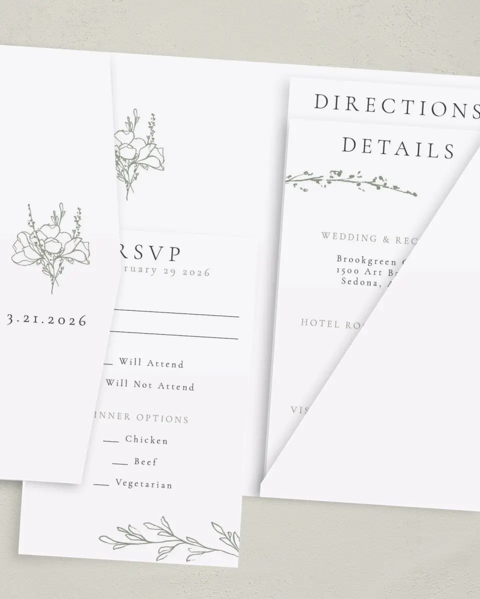 This is a 5" x 7⅞" Pocket Wedding Invitation called Poetic Bloom printed in full color with Gold foil on Luxe Satin (coated) paper