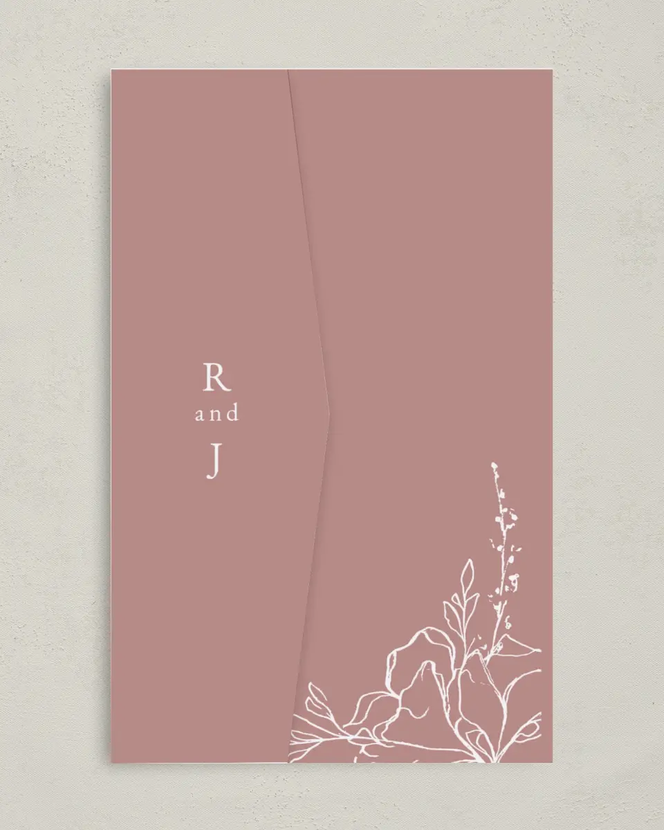 This is a 5" x 7⅞" Pocket Wedding Invitation called Blooming Rose printed in full color on Premium Smooth paper