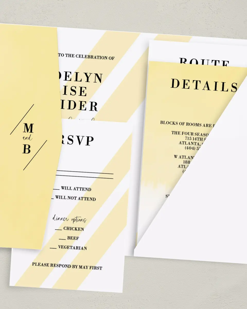 This is a 5" x 7⅞" Pocket Wedding Invitation called Cascading Light printed in full color with Gold foil on Luxe Satin (coated) paper