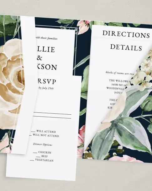 This is a 5" x 7⅞" Pocket Wedding Invitation called Garden Dream printed in full color on Premium Smooth paper