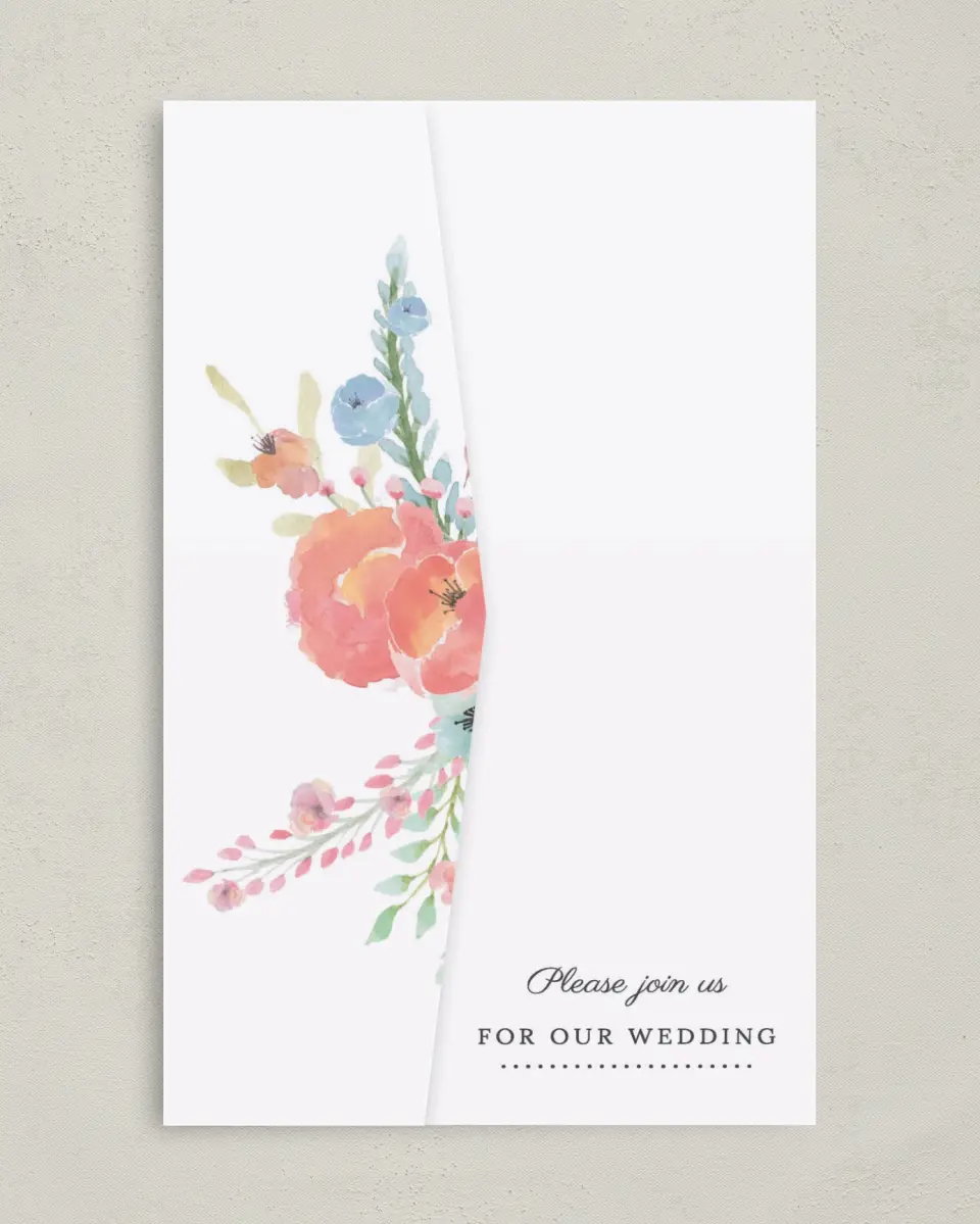 This is a 5" x 7⅞" Pocket Wedding Invitation called Joyful Medley printed in full color on Premium Smooth paper