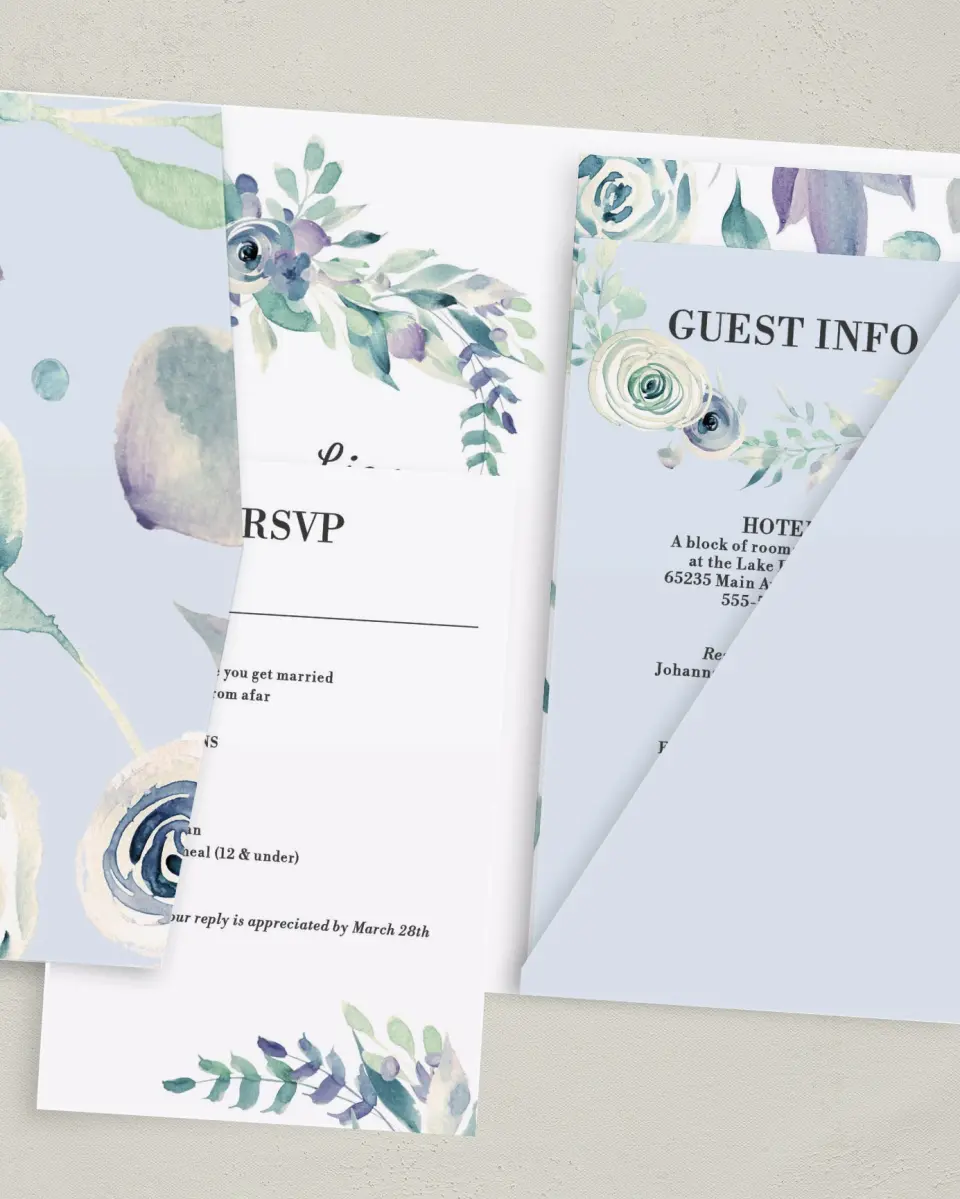 This is a 5" x 7⅞" Pocket Wedding Invitation called Glorious Crown printed in full color on Premium Smooth paper