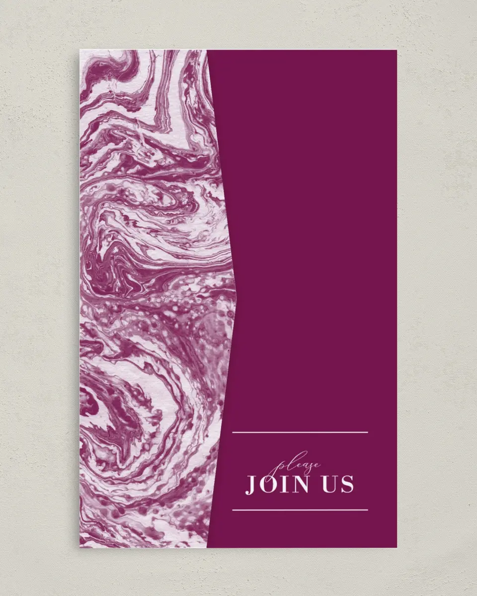 This is a 5" x 7⅞" Pocket Wedding Invitation called Marble Mystique printed in full color on Premium Smooth paper