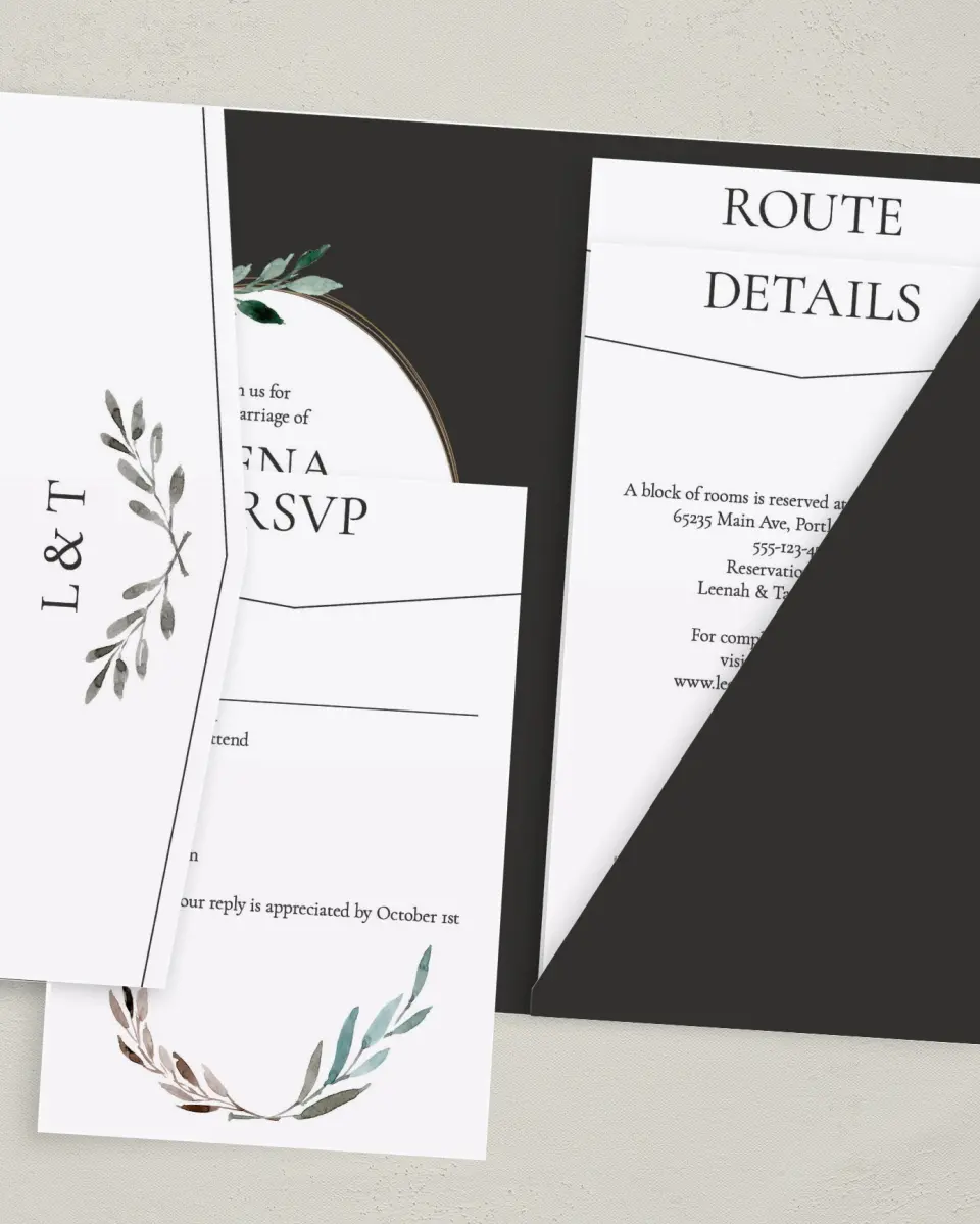 This is a 5" x 7⅞" Pocket Wedding Invitation called Eternal Autumn printed in full color on Premium Smooth paper