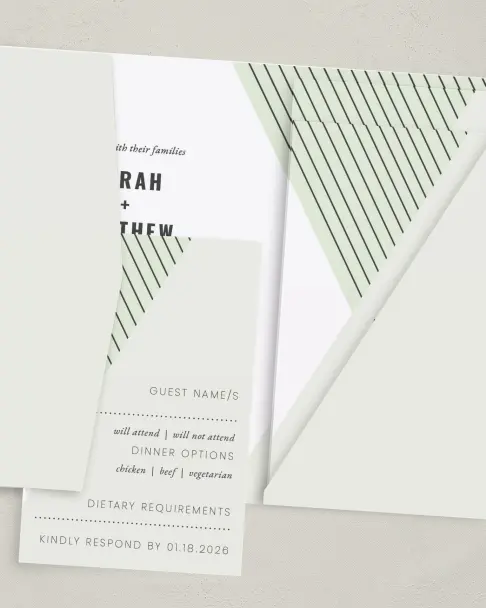 This is a 5" x 7⅞" Pocket Wedding Invitation called Geometric Weave printed in full color on Premium Smooth paper