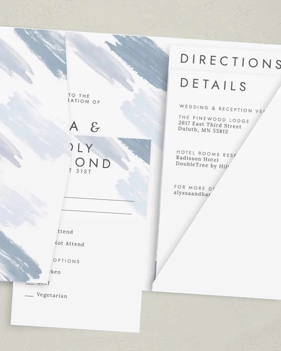 This is a 5" x 7⅞" Pocket Wedding Invitation called Ethereal Swaths printed in full color with Gold foil on Luxe Satin (coated) paper