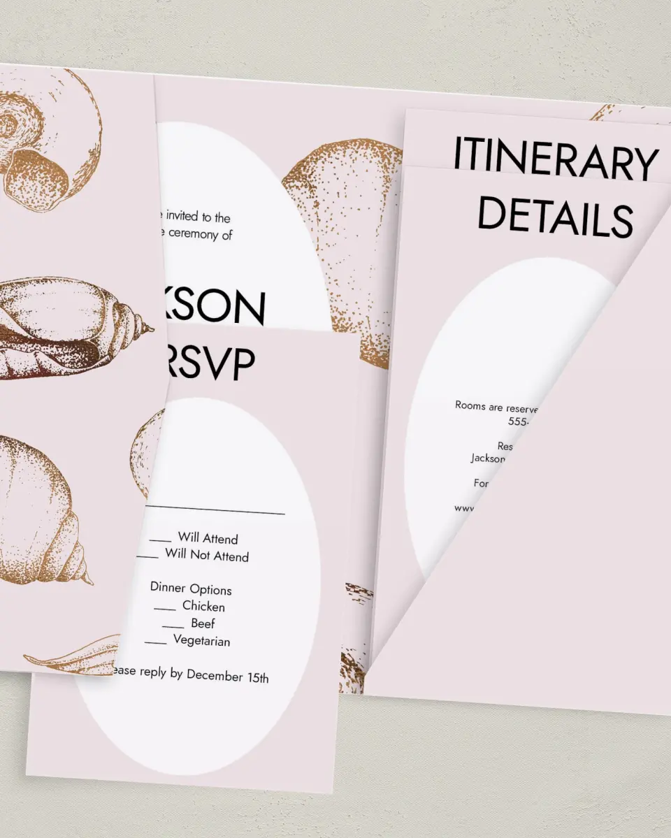 This is a 5" x 7⅞" Pocket Wedding Invitation called On the Reef printed in full color on Premium Smooth paper