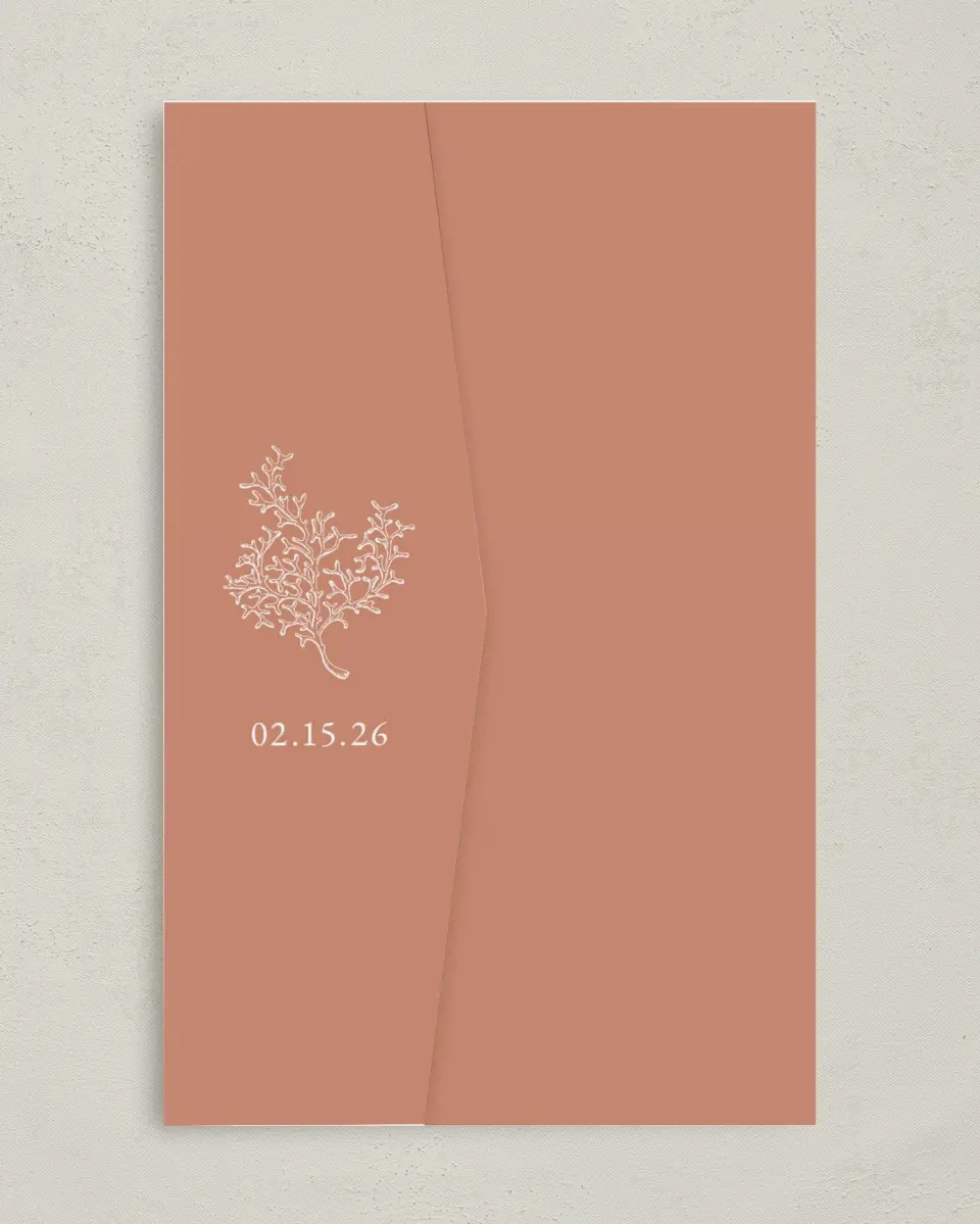 This is a 5" x 7⅞" Pocket Wedding Invitation called Tropical Heaven printed in full color on Premium Smooth paper