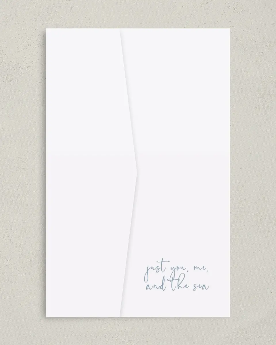 This is a 5" x 7⅞" Pocket Wedding Invitation called Enchanting Sea printed in full color on Premium Smooth paper