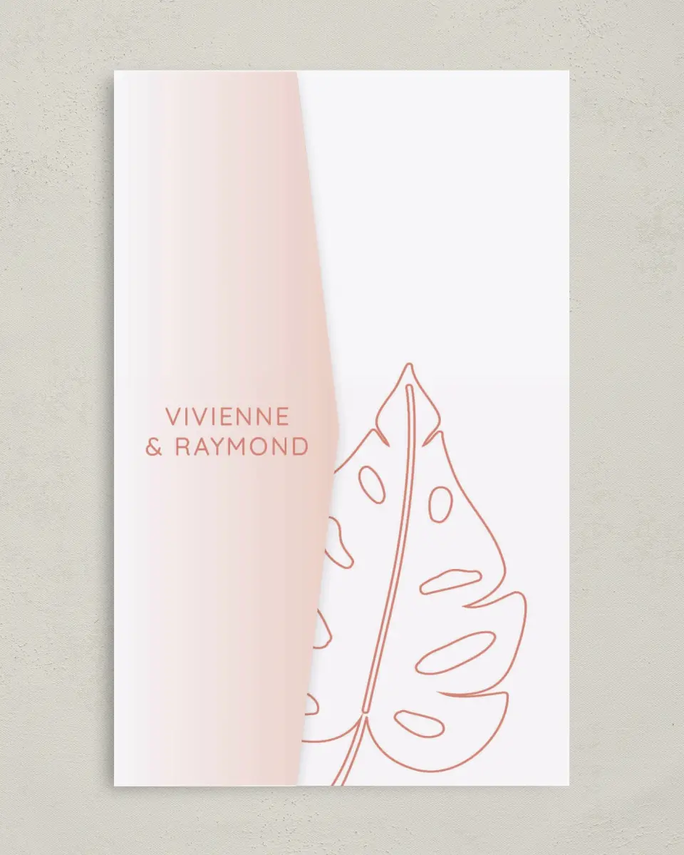 This is a 5" x 7⅞" Pocket Wedding Invitation called Tropical Palms printed in full color on Premium Smooth paper