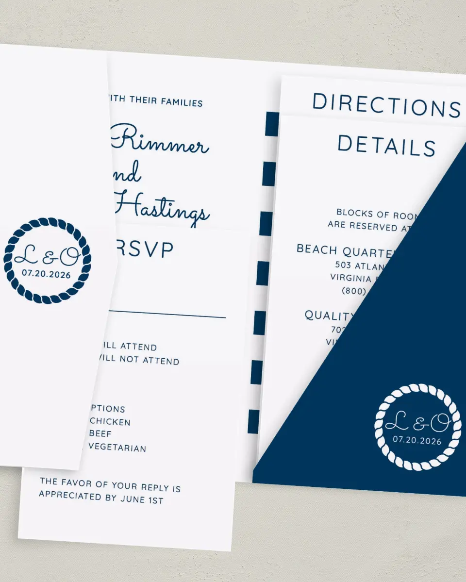 This is a 5" x 7⅞" Pocket Wedding Invitation called Nautical Stripes printed in full color on Premium Smooth paper