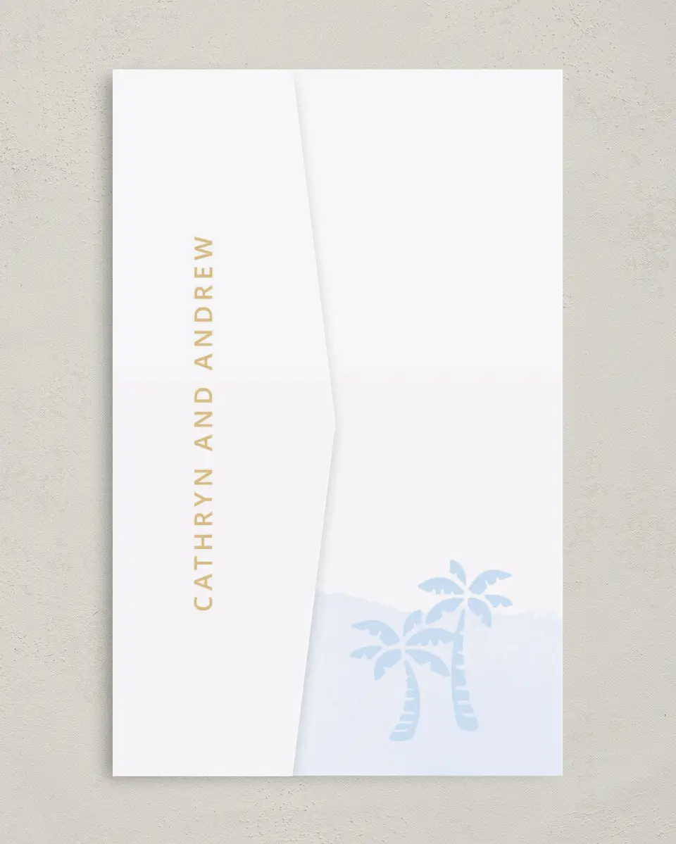 This is a 5" x 7⅞" Pocket Wedding Invitation called Stamped Palms printed in full color on Premium Smooth paper