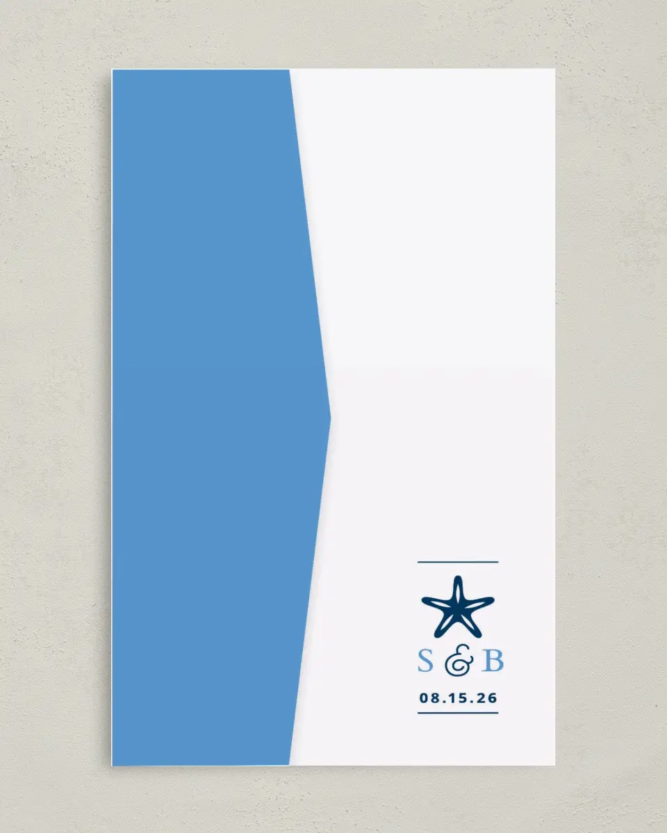 This is a 5" x 7⅞" Pocket Wedding Invitation called Beachcomber printed in full color on Premium Smooth paper