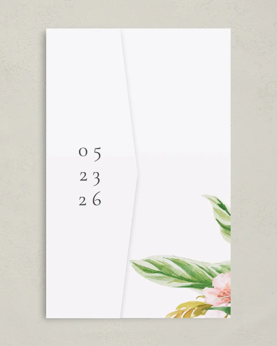 This is a 5" x 7⅞" Pocket Wedding Invitation called Paradise of Love printed in full color on Premium Smooth paper