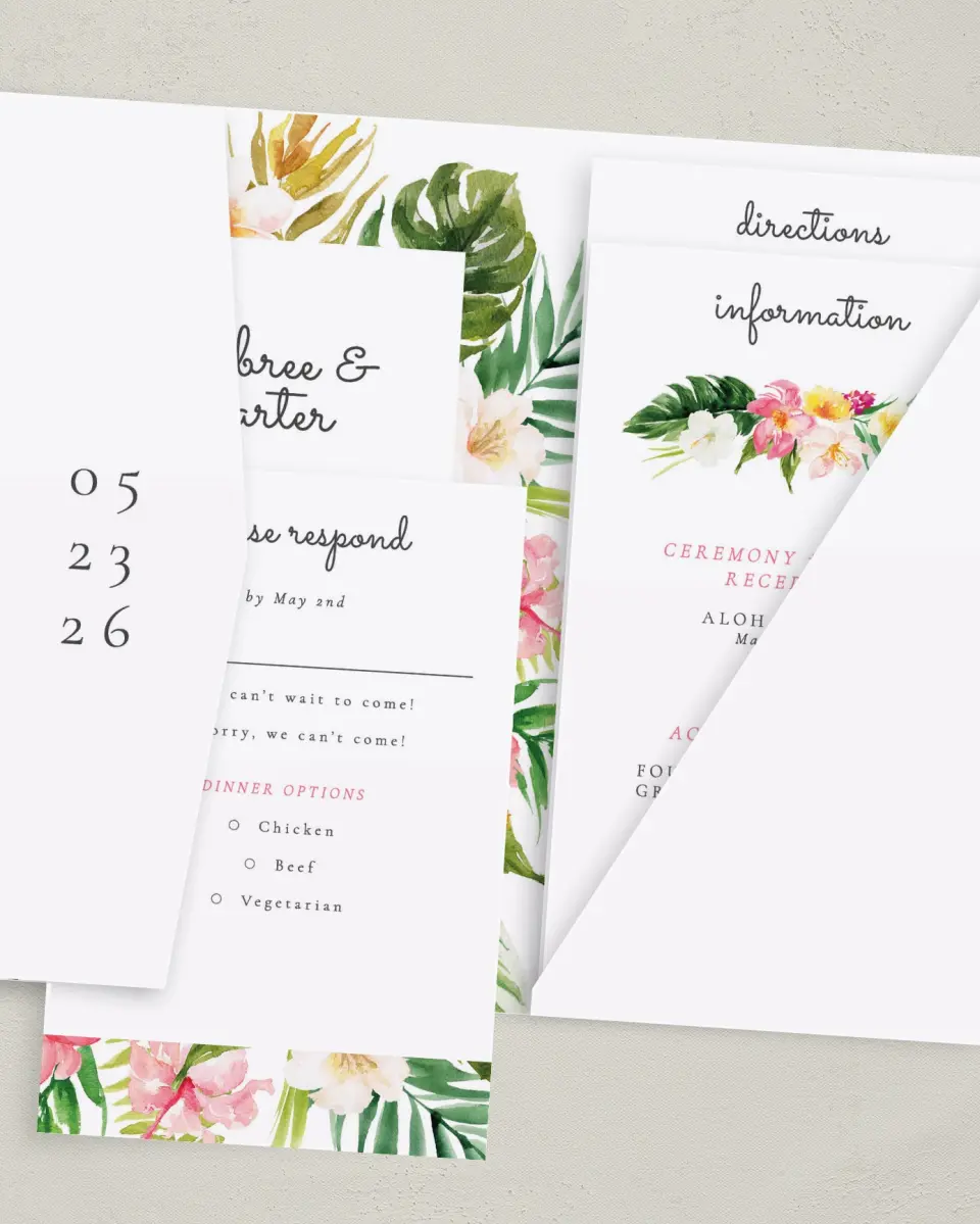 This is a 5" x 7⅞" Pocket Wedding Invitation called Paradise of Love printed in full color with Gold foil on Luxe Satin (coated) paper