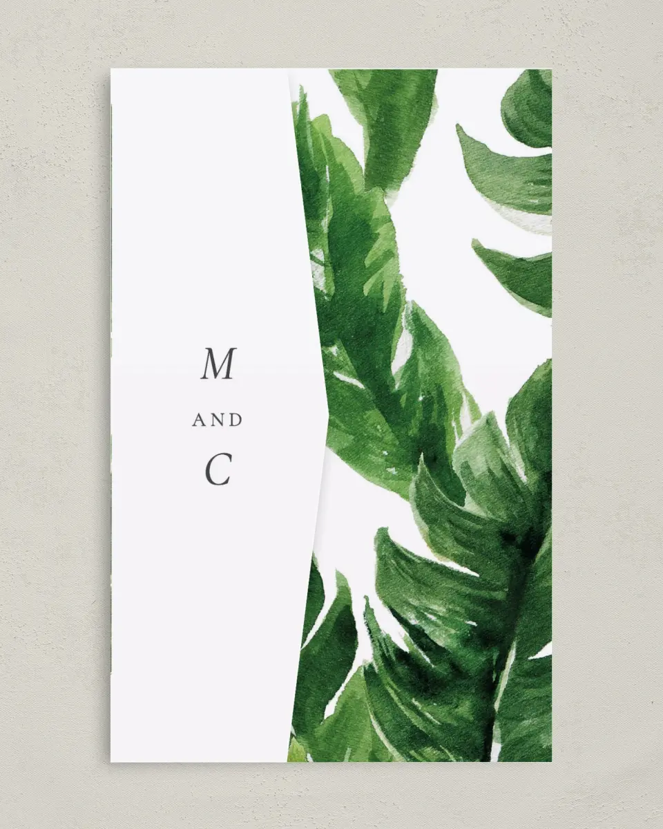 This is a 5" x 7⅞" Pocket Wedding Invitation called Beach Palms printed in full color on Premium Smooth paper