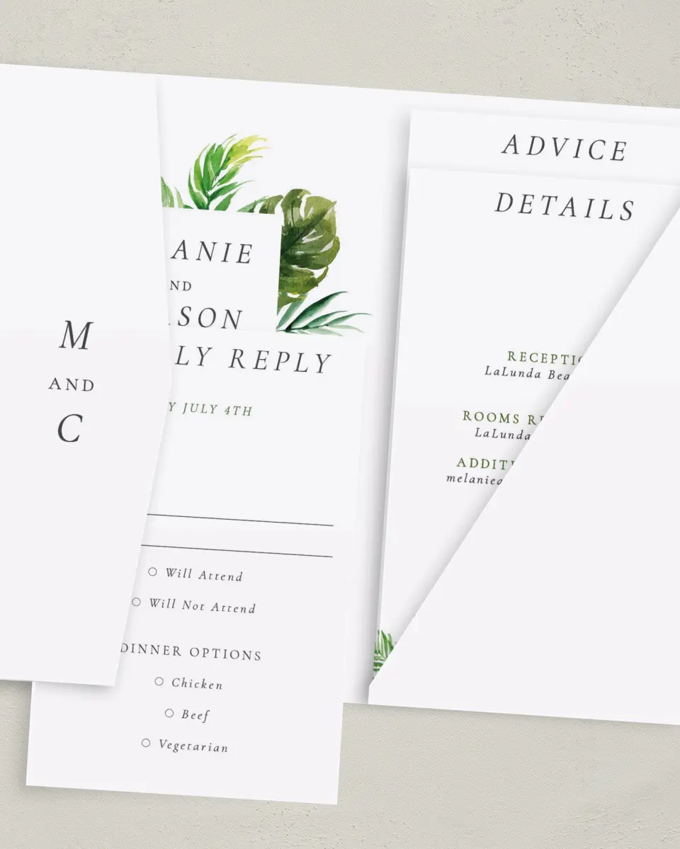 This is a 5" x 7⅞" Pocket Wedding Invitation called Beach Palms printed in full color with Gold foil on Luxe Satin (coated) paper