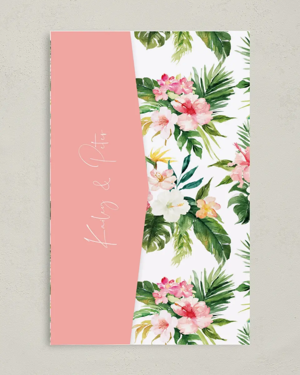 This is a 5" x 7⅞" Pocket Wedding Invitation called Perfect Paradise printed in full color on Premium Smooth paper