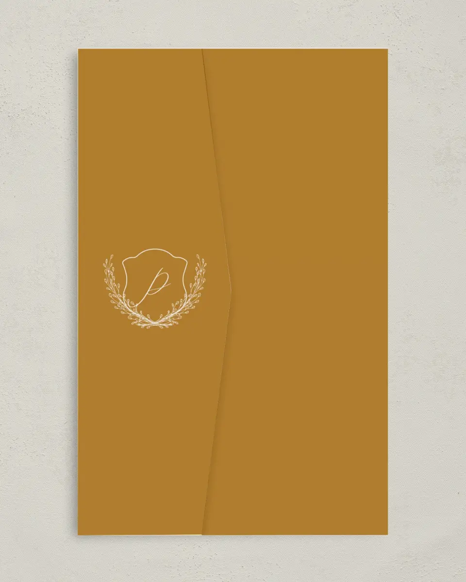 This is a 5" x 7⅞" Pocket Wedding Invitation called Beloved Crest printed in full color on Premium Smooth paper