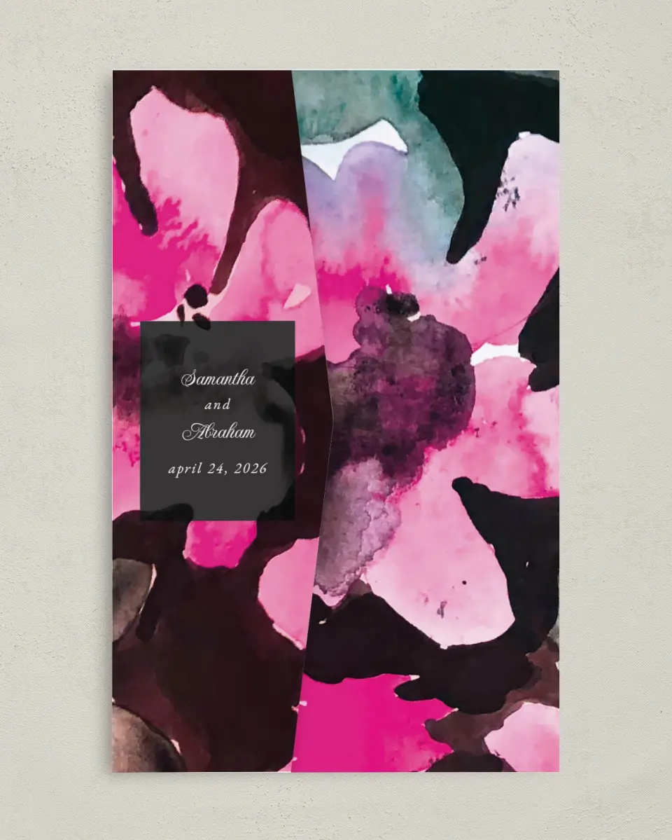 This is a 5" x 7⅞" Pocket Wedding Invitation called Dark Blooms printed in full color on Premium Smooth paper