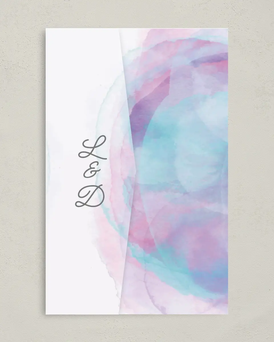 This is a 5" x 7⅞" Pocket Wedding Invitation called Joyful Enchantment printed in full color on Premium Smooth paper