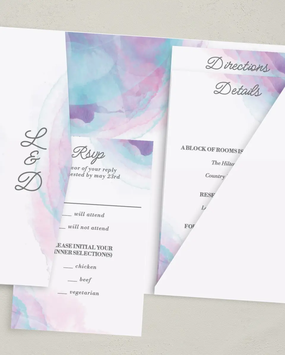 This is a 5" x 7⅞" Pocket Wedding Invitation called Joyful Enchantment printed in full color with Gold foil on Luxe Satin (coated) paper