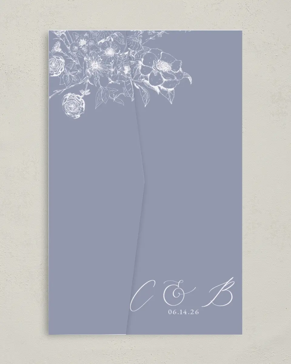 This is a 5" x 7⅞" Pocket Wedding Invitation called Gentle Bouquet printed in full color on Premium Smooth paper
