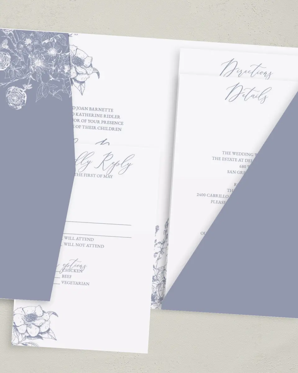 This is a 5" x 7⅞" Pocket Wedding Invitation called Gentle Bouquet printed in full color with Gold foil on Luxe Satin (coated) paper